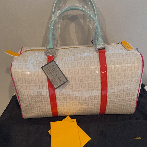 SOLD Fendi Ivory Grey Sequin Multicolour Patent Detail Boston Bag (New) - Picture 2 of 15